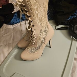 Chloe lace high heel boots tan in color made by pleaser shoes,size 11